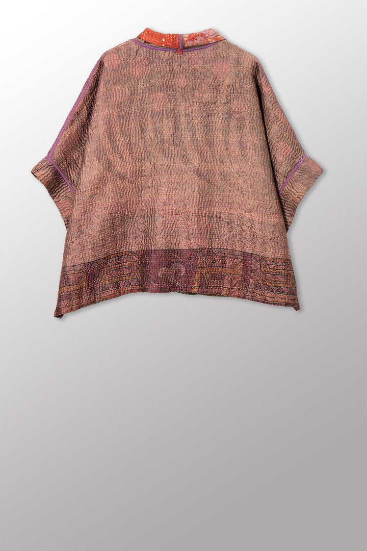 VINTAGE PRINTED SILK CLAMP DYE WITH JACQUARD KANTHA MINI PONCHO - sk4060-0001a -