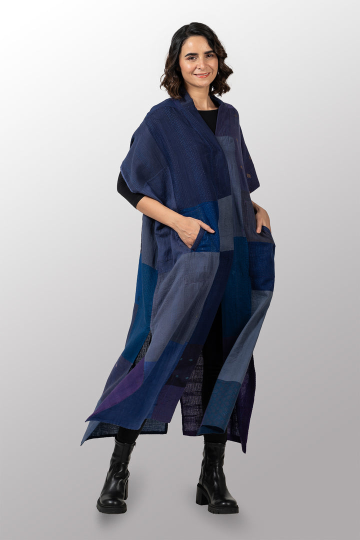 BROCADE PATCHED KANTHA PONCHO DRESS - bp2443-blu -