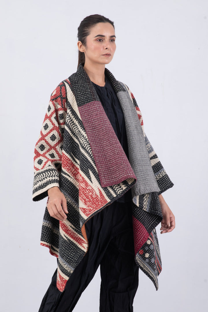 WAFFLE IKAT KANTHA DOUBLE WRAP JKT - wi3056-red -