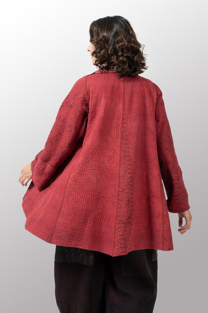 TWO TONE PATCH KANTHA FLARE LONG JACKET - tn4021-org -