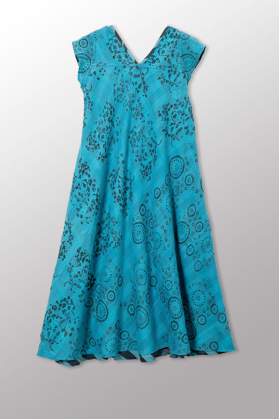 VINTAGE COTTON & NEW VOILE KANTHA CAP SLV. FLARE DRESS - cn2425-0009s -