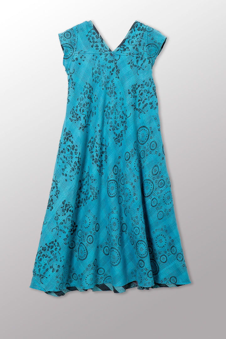 VINTAGE COTTON & NEW VOILE KANTHA CAP SLV. FLARE DRESS - cn2425-0009s -