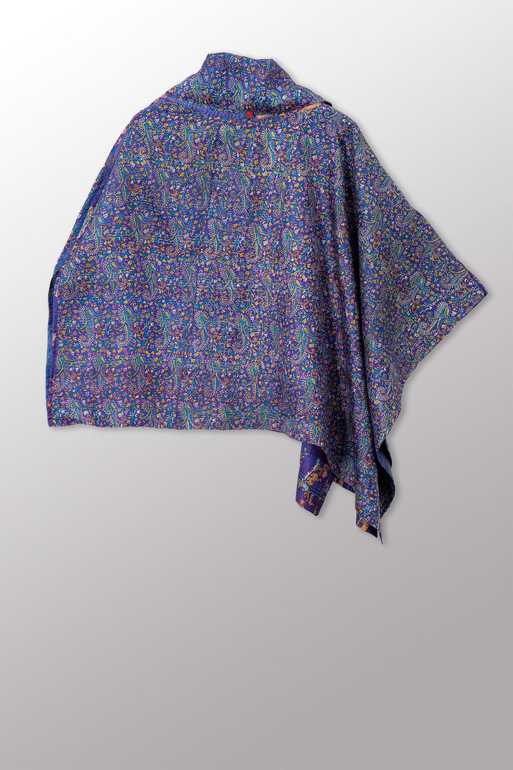 VINTAGE SILK KANTHA COWL NECK LONG CAPE - sv2842-0003a -