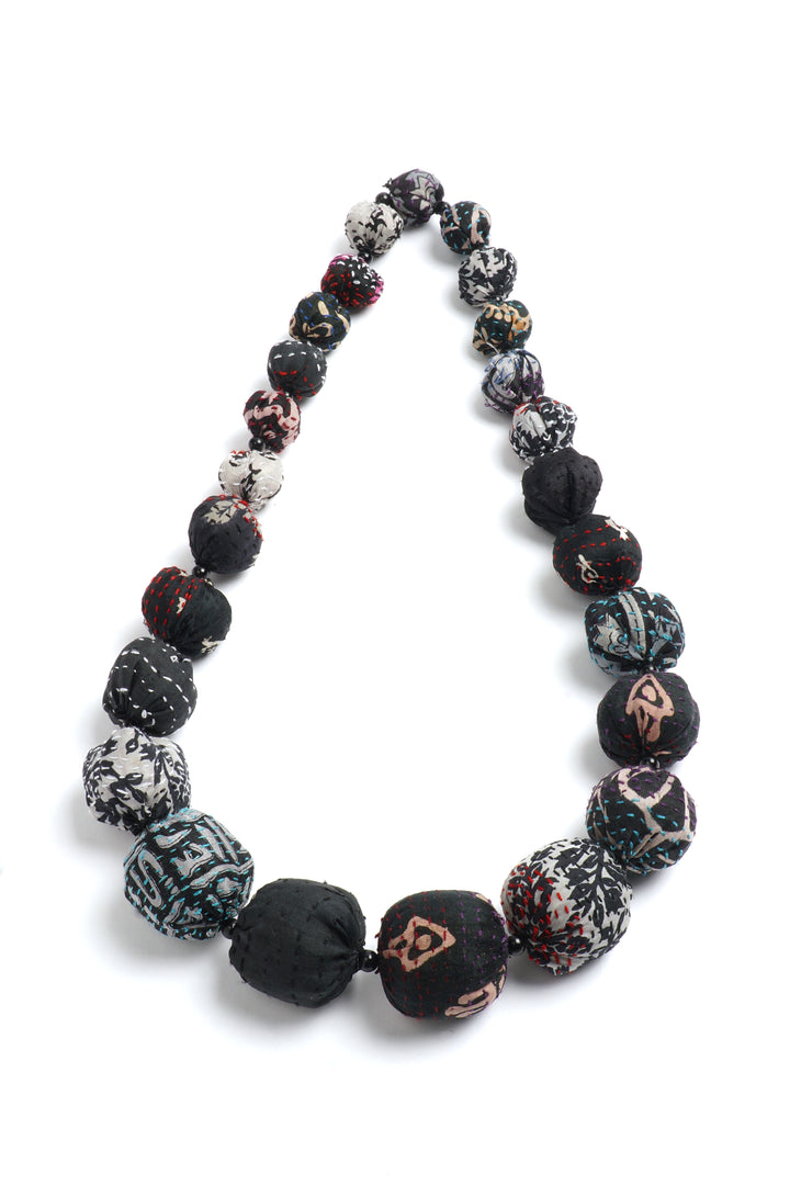 VINTAGE SILK KANTHA NUTS MEDIUM NECKLACE - sv2701-blk -