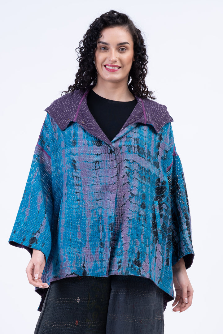 MONE SHIBORI TIE DYE KANTHA HOODIE PONCHO - ms5064-tuq -