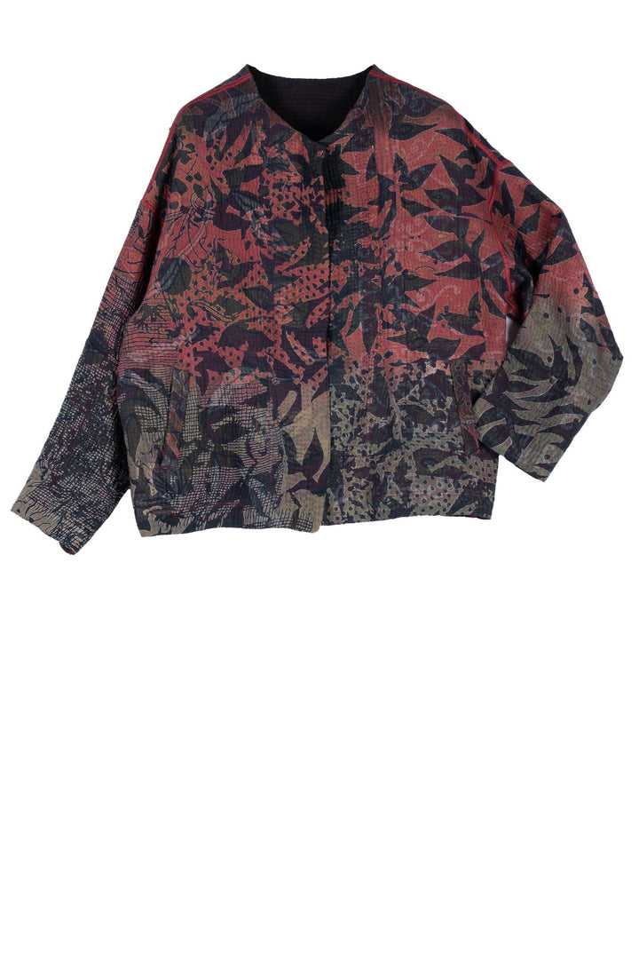 MONOTONE TWILIGHT PRINT KANTHA CREW NECK SHORT JKT - tp4053-red -