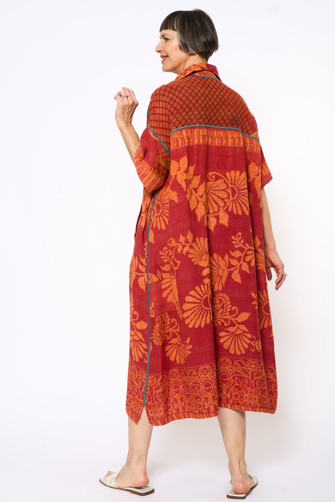 COTTON OVERDYE KANTHA WING COLLAR DRESS - ov2454-corg001a -