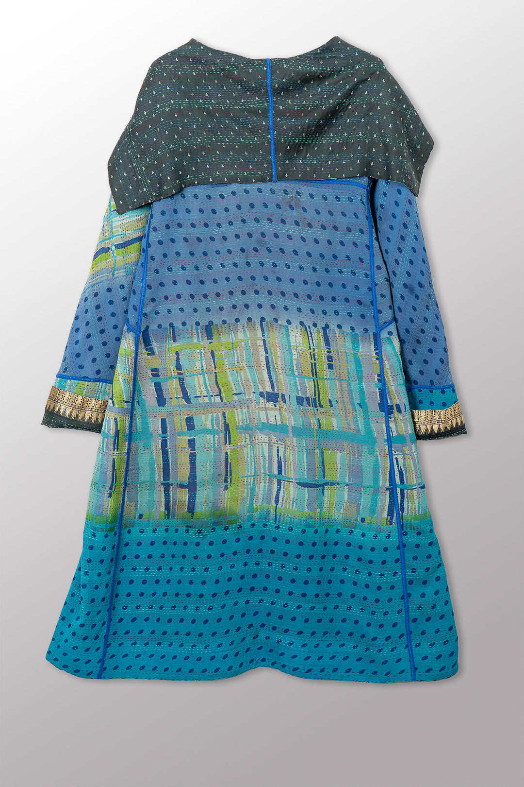 VINTAGE SILK GEORGETTE KANTHA A-LINE LONG COAT - sg2302-0002a -