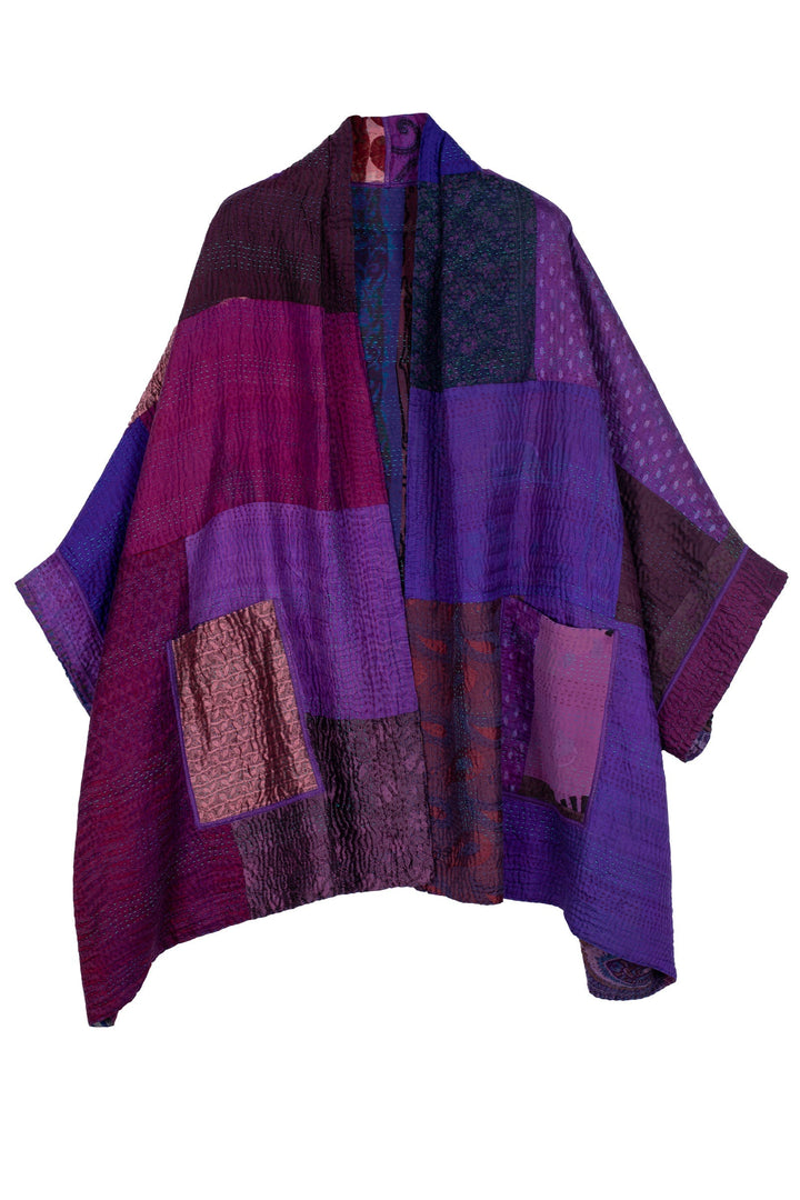 JACQUARD SILK KANTHA DOUBLE COLLAR PONCHO - js4323-prp -