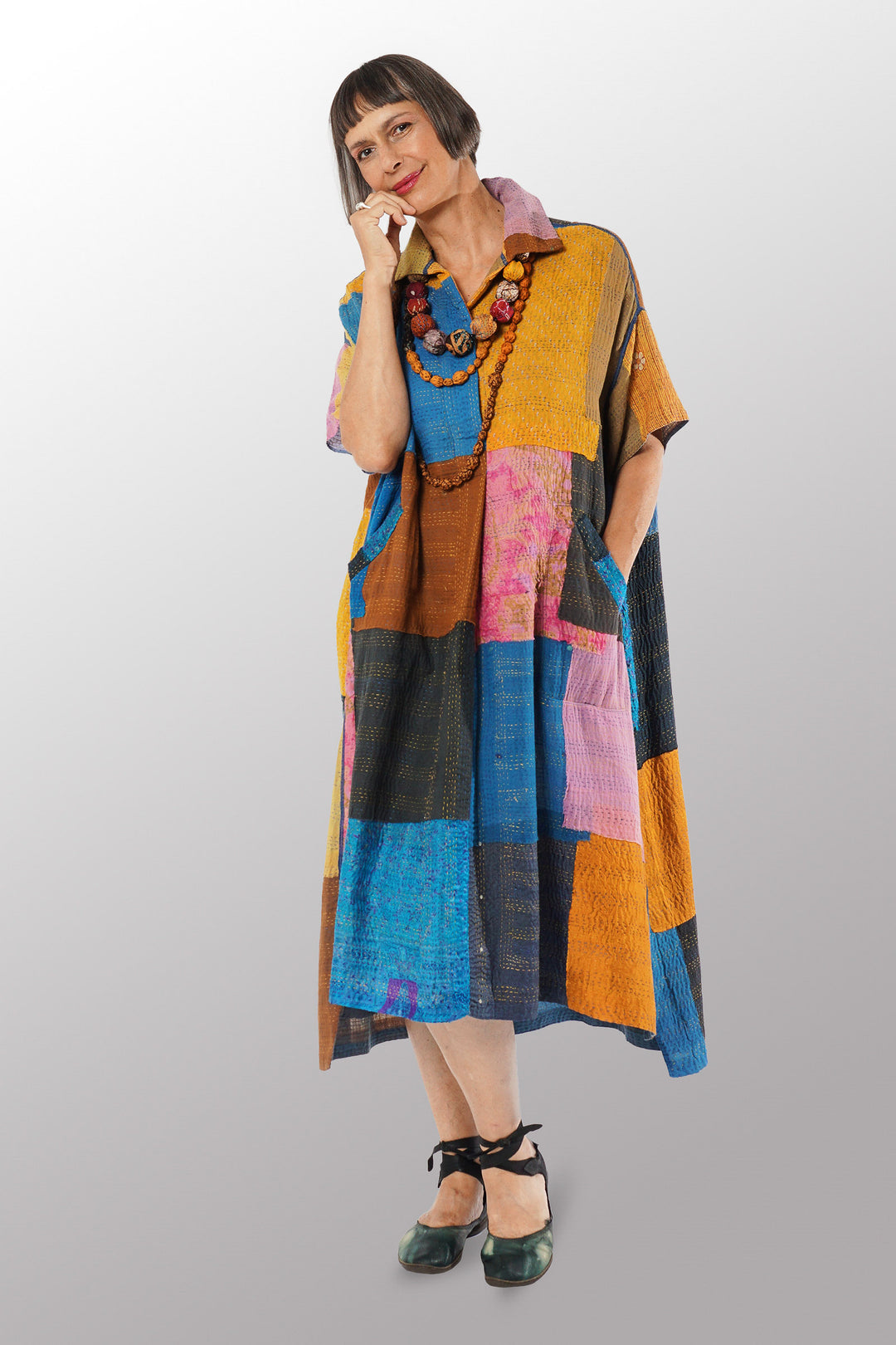 MOSAIC FRAY PATCH KANTHA WITH BLOCK WING COLLAR DRESS - zb2454-mlt -