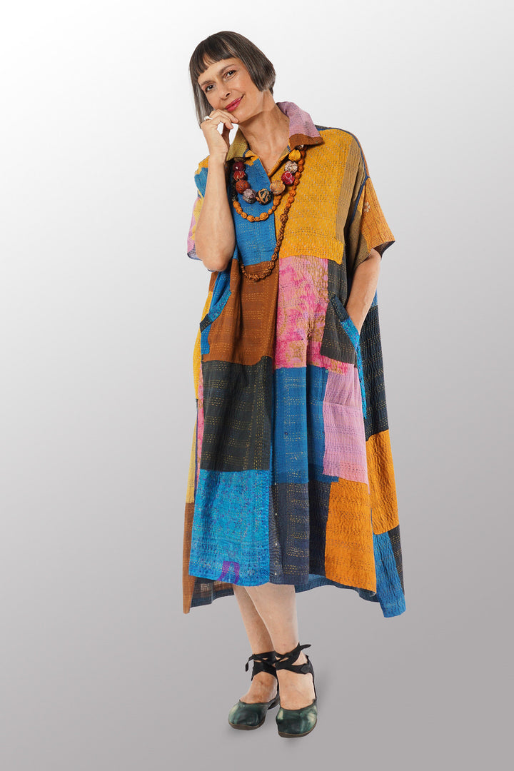 MOSAIC FRAY PATCH KANTHA WITH BLOCK WING COLLAR DRESS - zb2454-mlt -