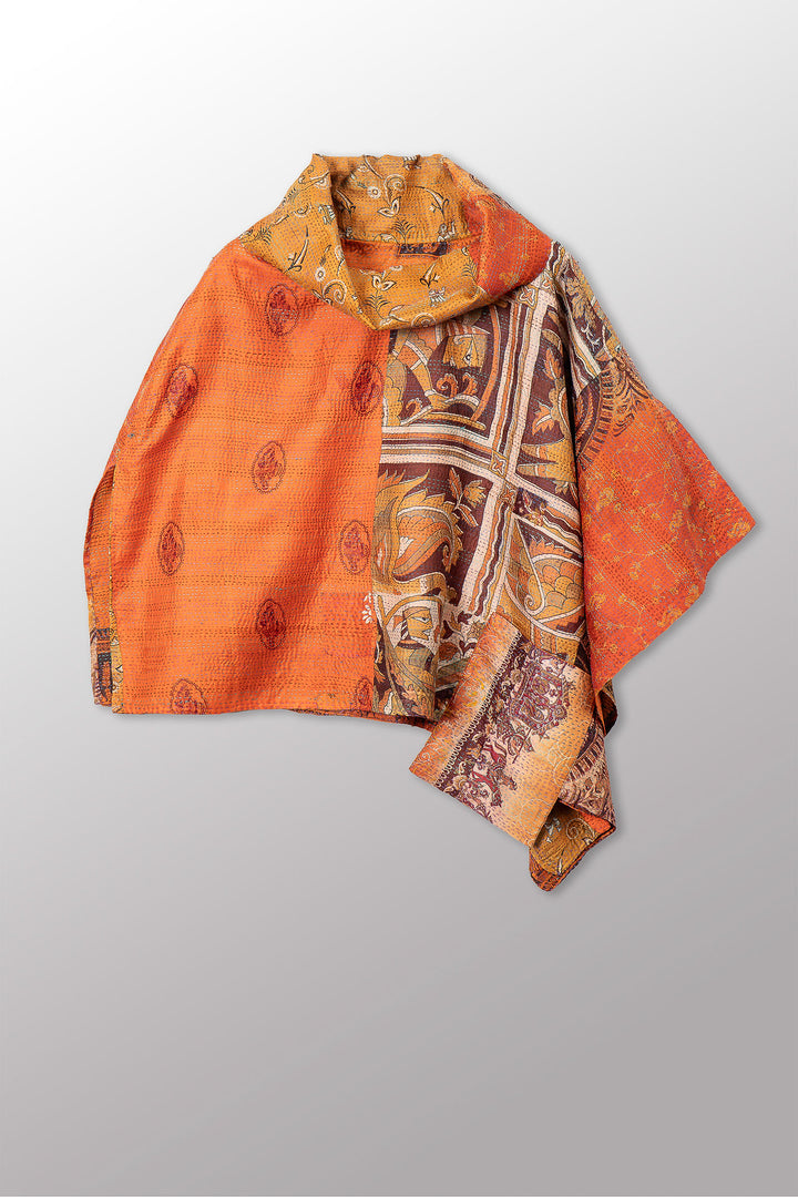 VINTAGE SILK KANTHA COWL NECK LONG CAPE - sv2842-0009a -