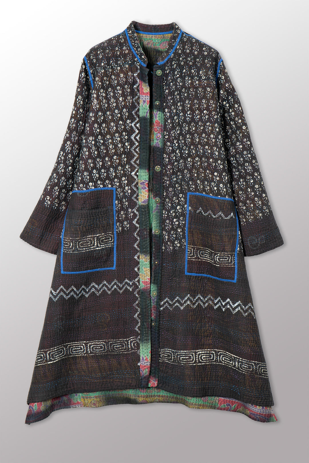 VINTAGE COTTON GREY CLAMP TIE DYE KANTHA KAFTAN COAT - su4343-0001s -