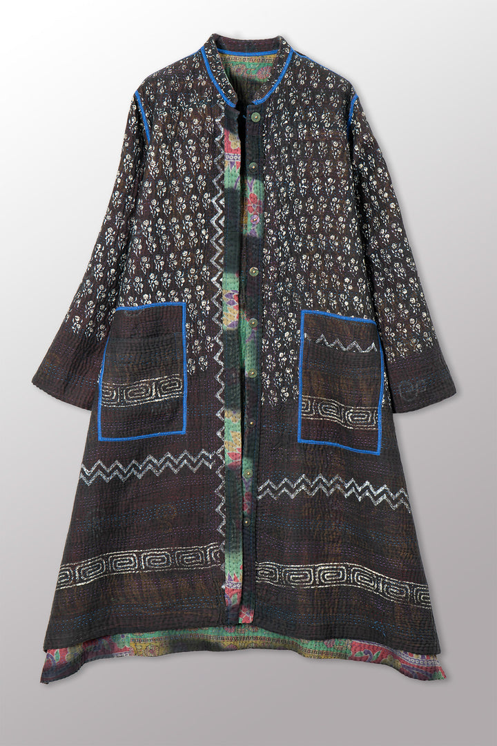 VINTAGE COTTON GREY CLAMP TIE DYE KANTHA KAFTAN COAT - su4343-0001s -