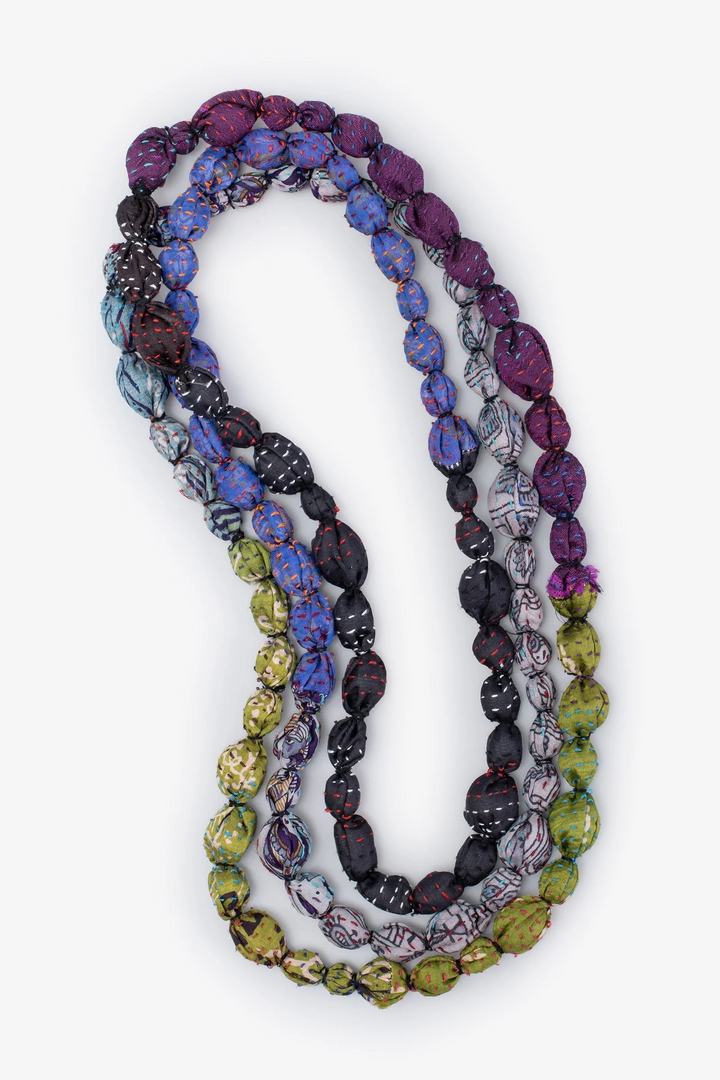VINTAGE SILK KANTHA TIE-BEADS LONG NECKLACE - sv2707-grn -