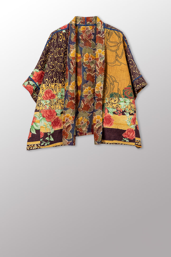 VINTAGE SILK GEORGETTE COTTON KANTHA MINI PONCHO - gc4060-0002a -