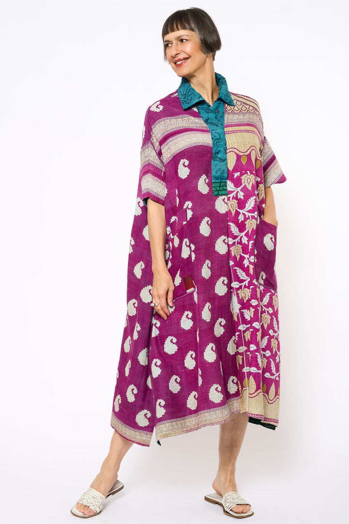 COTTON OVERDYE KANTHA WING COLLAR DRESS - ov2454-cblu001a -