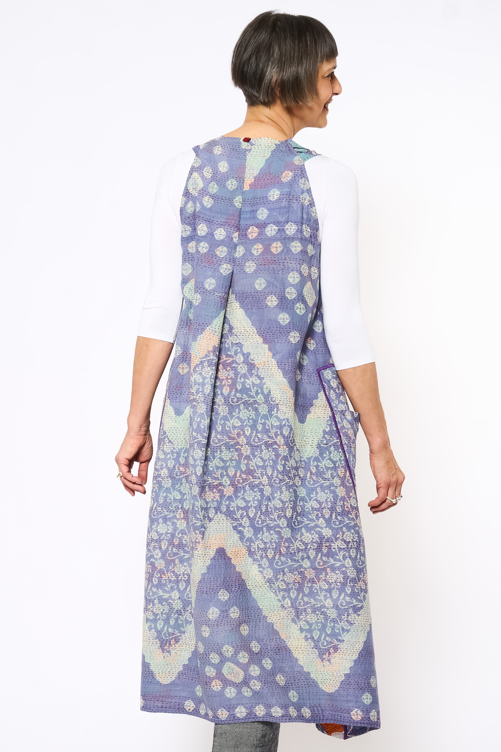 VINTAGE COTTON KANTHA BACK PLEATED VEST MAXI - cv2222-0008a