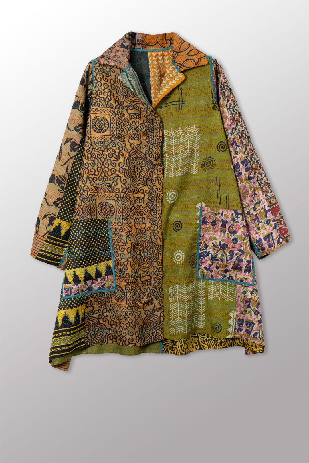 VINTAGE SILK KANTHA A-LINE DUSTER - sv2311-0017a -