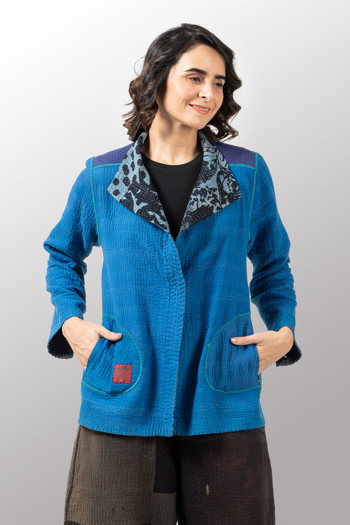 MONOTONE TWILIGHT PRINT KANTHA SHORT JKT - tp4007-blu -