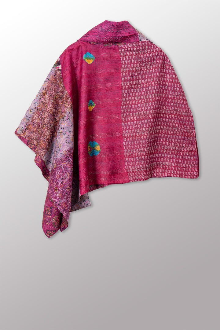 VINTAGE SILK KANTHA COWL NECK LONG CAPE - sv2842-0025a -