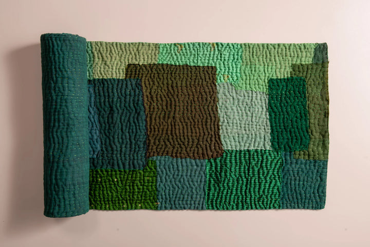 Landscape Fray Patch Vintage Kantha Runner -Green