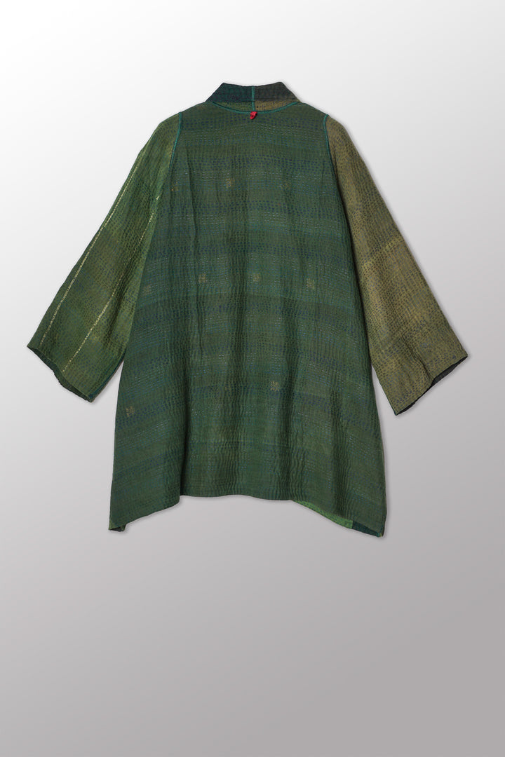 OVERDYED COTTON SILK SW PATCH OMBRE KANTHA A-LINE JACKET - ov-wo4003-grn -