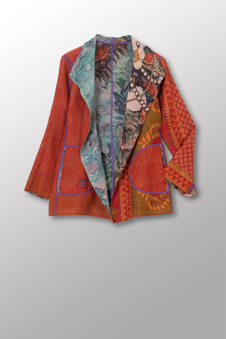 VINTAGE SILK GEORGETTE COTTON KANTHA SHORT JKT - gc2007-0003s -