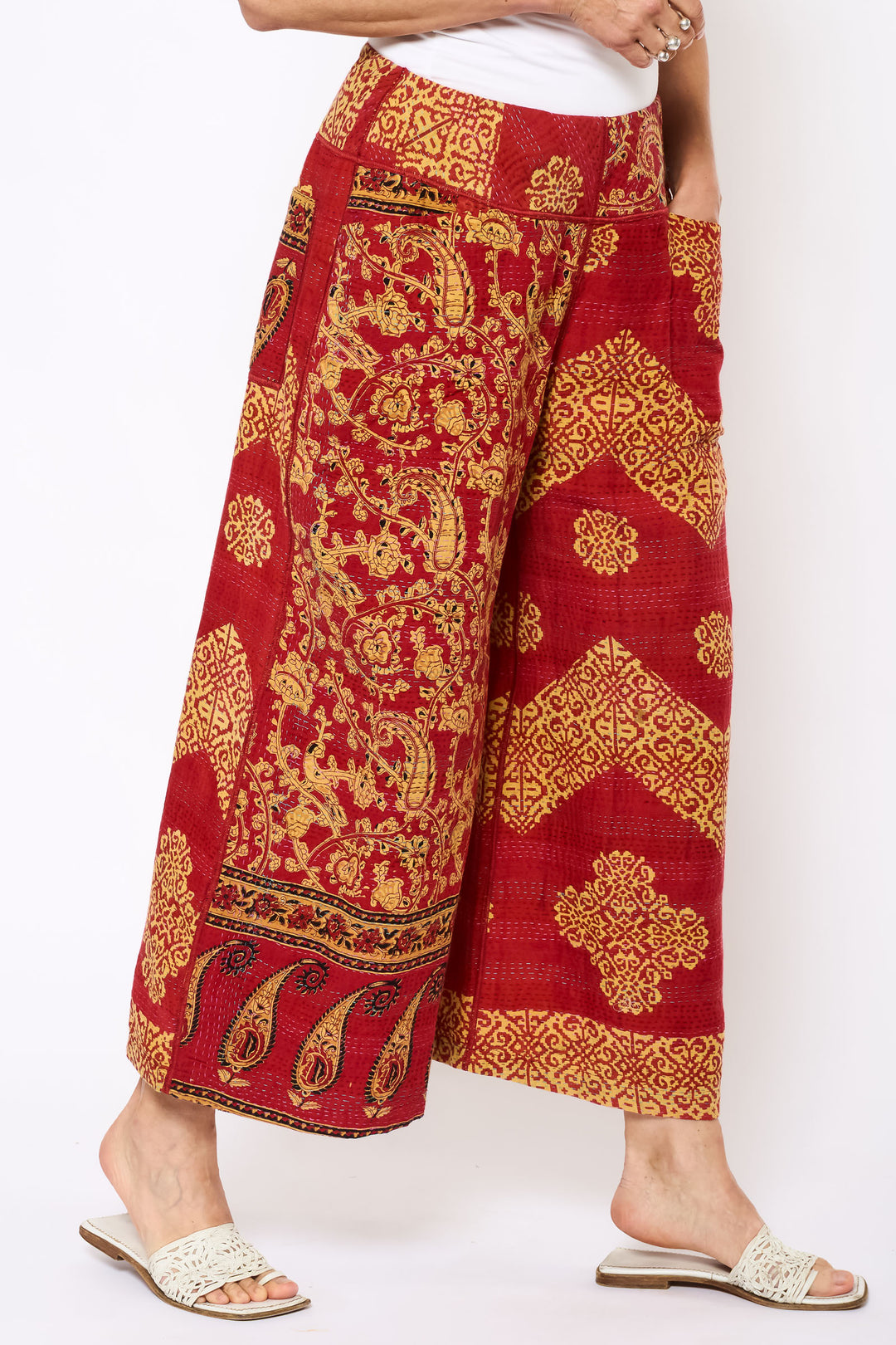 VINTAGE COTTON KANTHA MID RISE WIDE LEG PANTS - cv2665-0006m -
