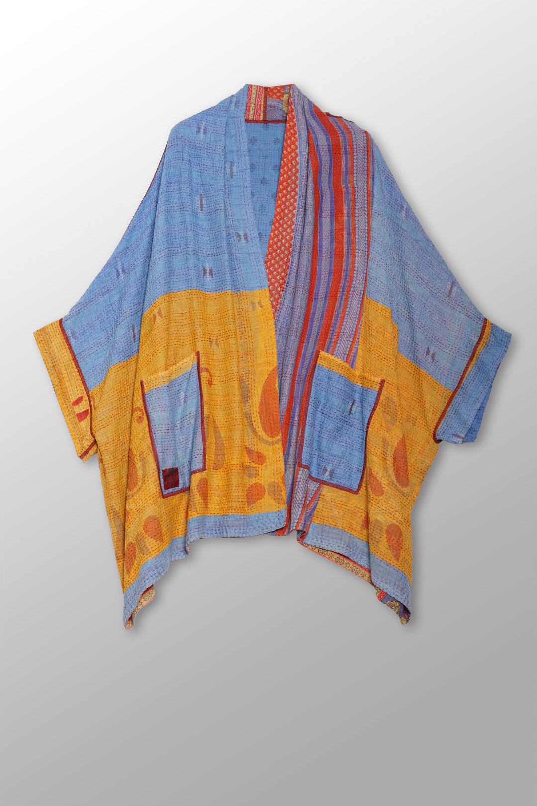 VINTAGE COTTON KANTHA DOUBLE COLLAR PONCHO - cv2323-0004a -