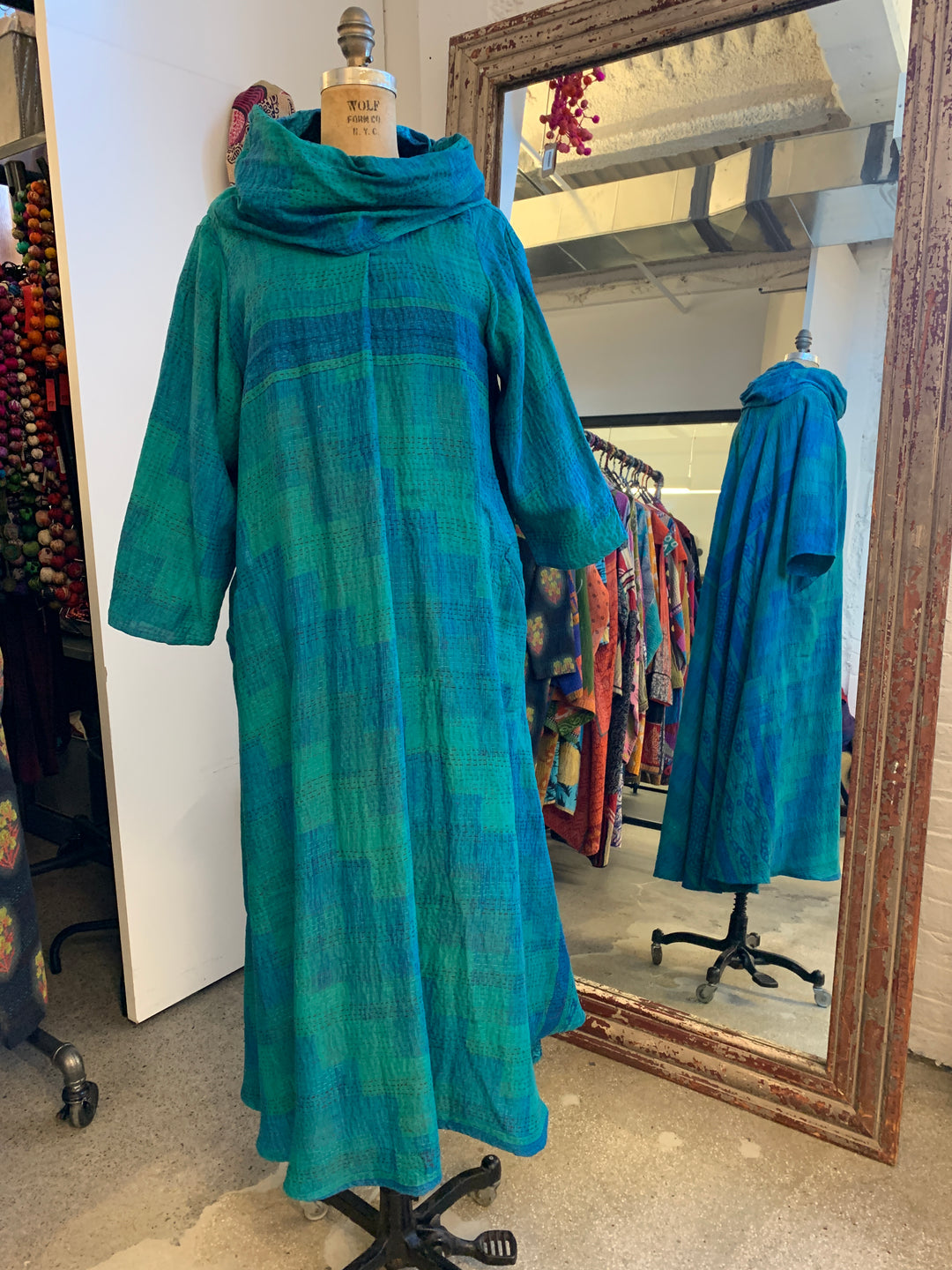 COTTON OVERDYE KANTHA COWL NECK LONG SLEEVE DRESS