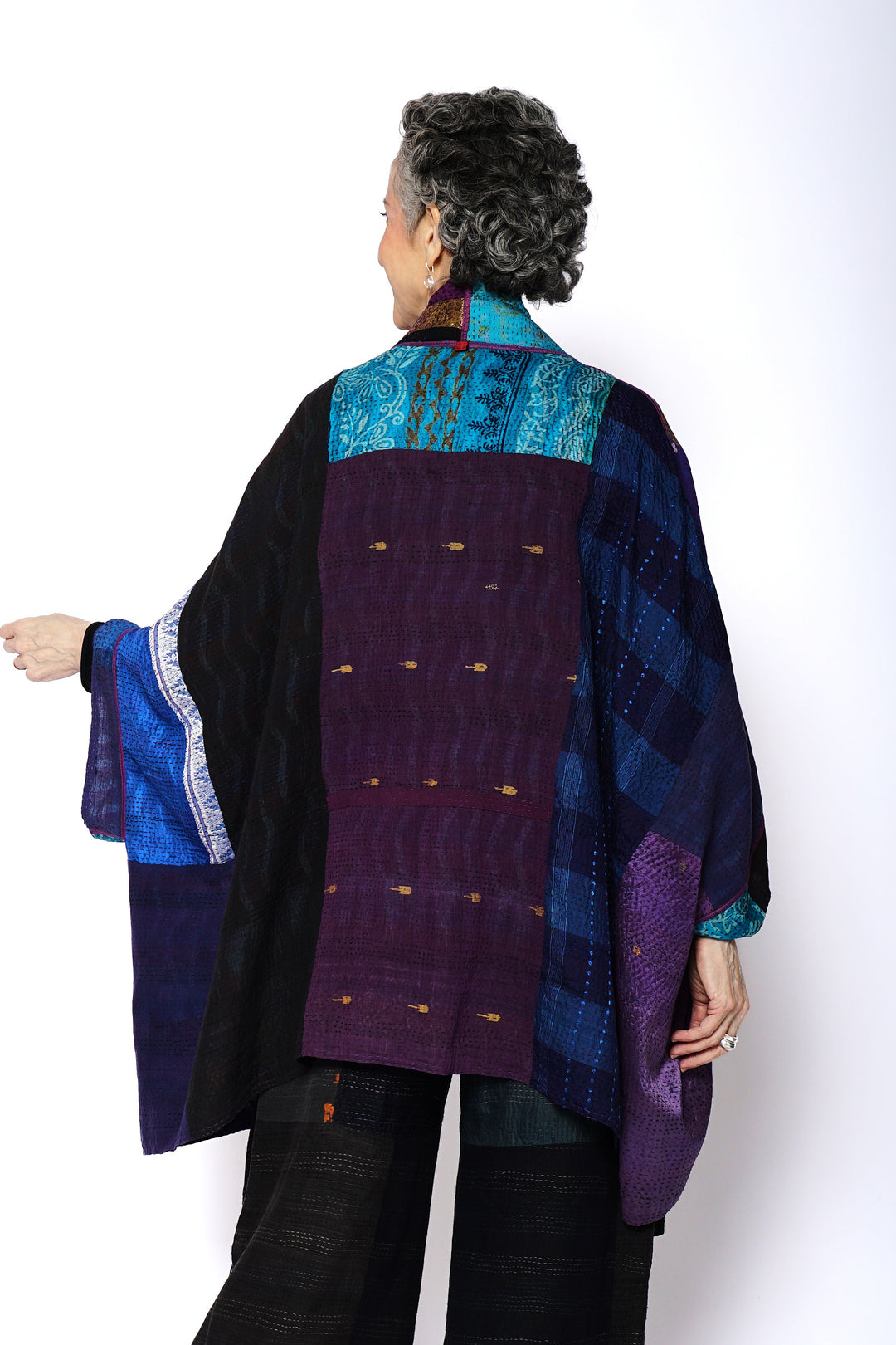 DESERT WAVES KANTHA DOUBLE COLLAR PONCHO - dw2323-blu -