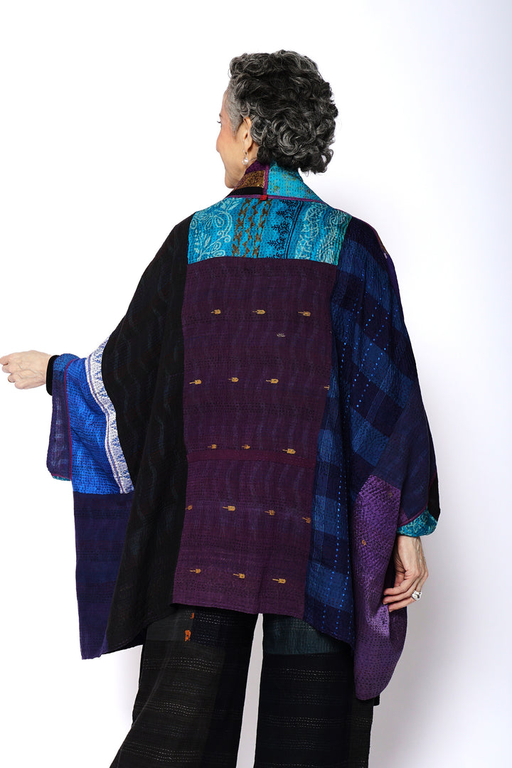 DESERT WAVES KANTHA DOUBLE COLLAR PONCHO - dw2323-blu -