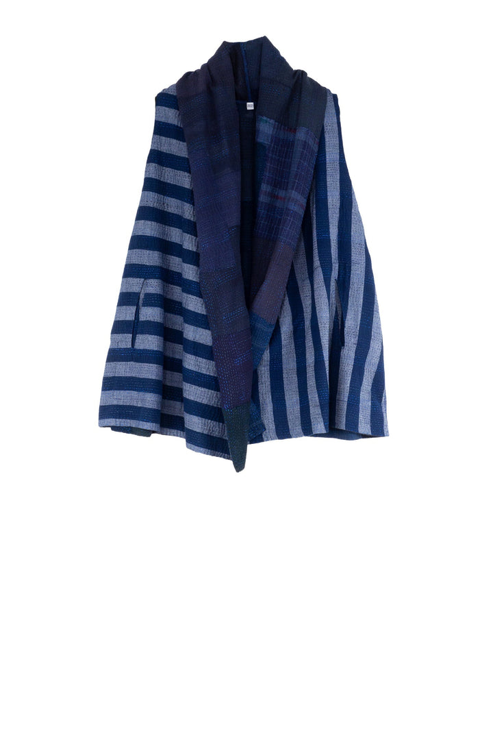 WOVEN STRIPE FRAYED PATCH BACK KANTHA SHAWL COLLAR SHORT VEST - wp2236-nvy -