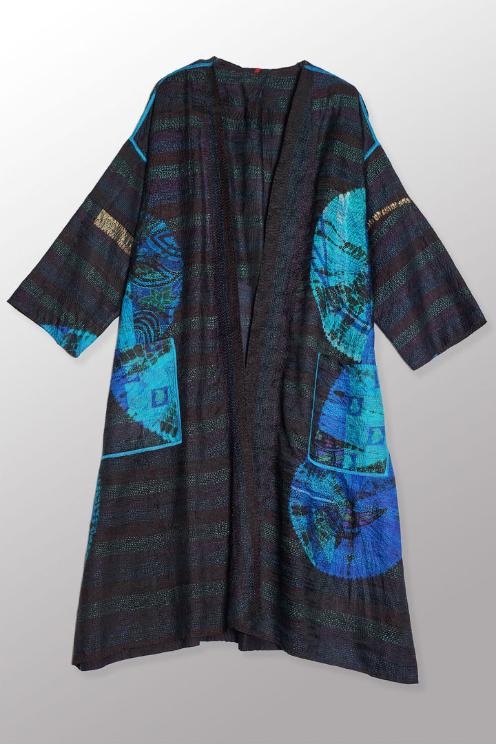 TIE DYE CIRCLE SHIBORI KANTHA LONG DUSTER - td2328-blu -