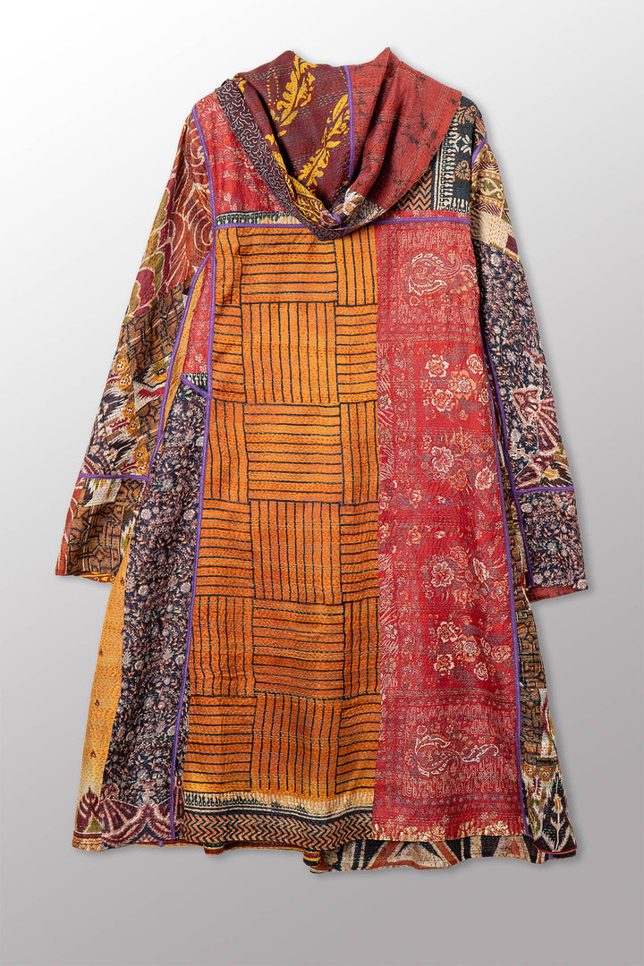 VINTAGE SILK KANTHA HOODED A-LINE LONG COAT - sv2306-0004a -