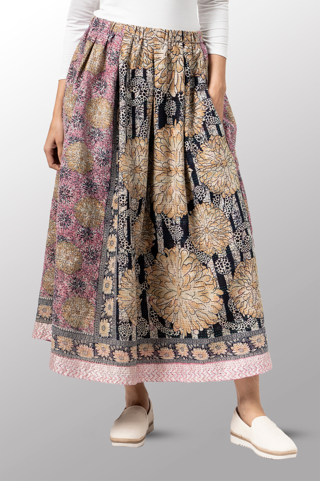 VINTAGE COTTON KANTHA TUCKED GATHER SKIRT - cv2663-0002m -
