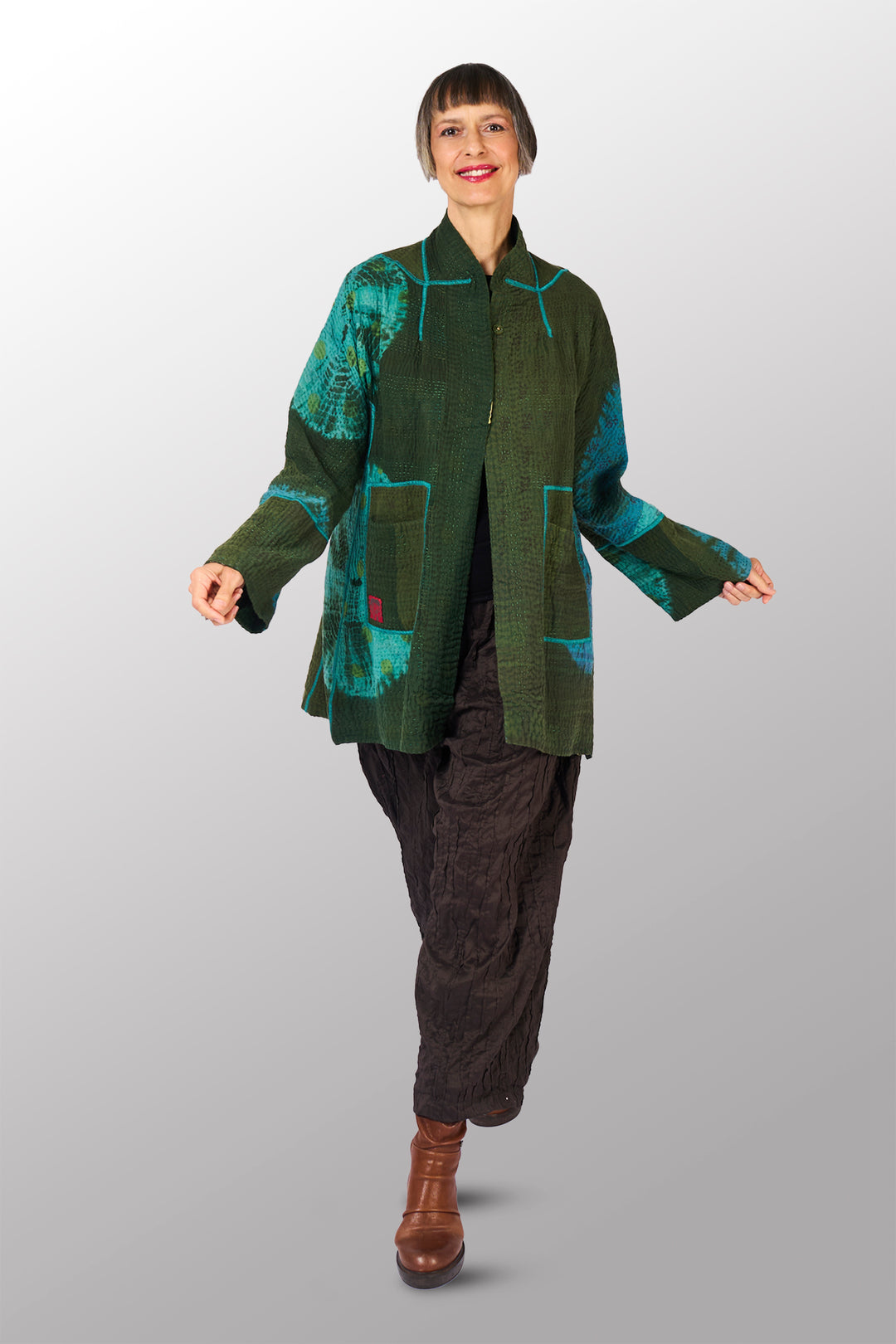 SHIBORI TIE DYE COTTON SILK SW PATCH KANTHA FLARE LONG JKT - st-ws4021-grn -