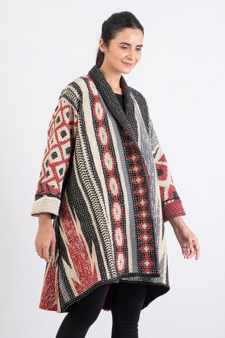 WAFFLE IKAT KANTHA KIMONO LONG JACKET - wi3005-red -