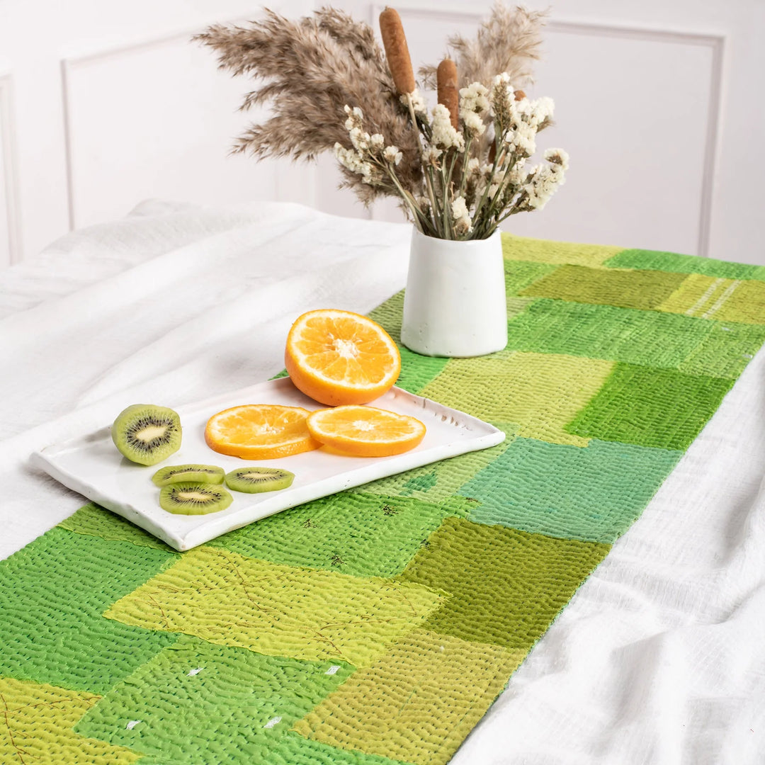 Mosaic Fray Patch Handmade Vintage Kantha Table Runner -Lime Green