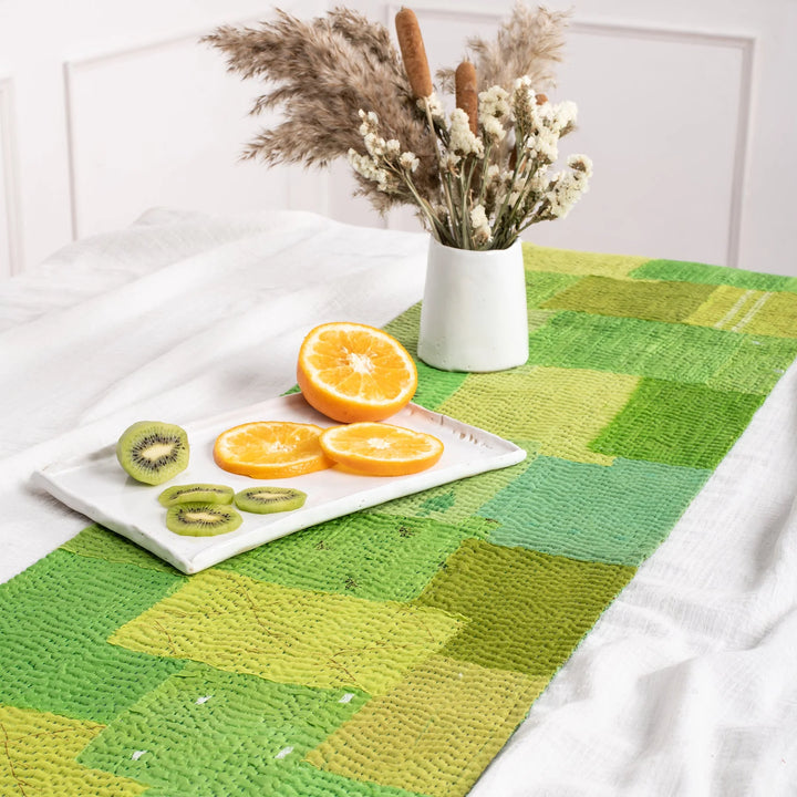 Mosaic Fray Patch Handmade Vintage Kantha Table Runner -Lime Green