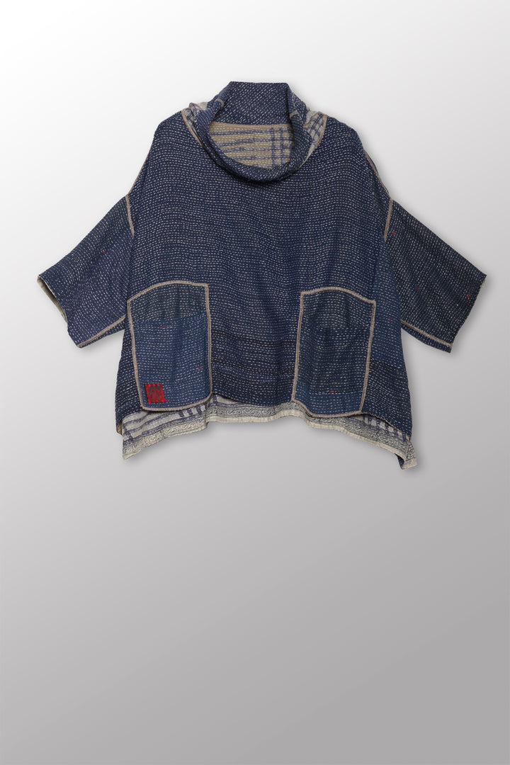 INDONESIAN PRINT VINTAGE INDIGO BACKING KANTHA COWL NECK PONCHO - bi2061-blu -