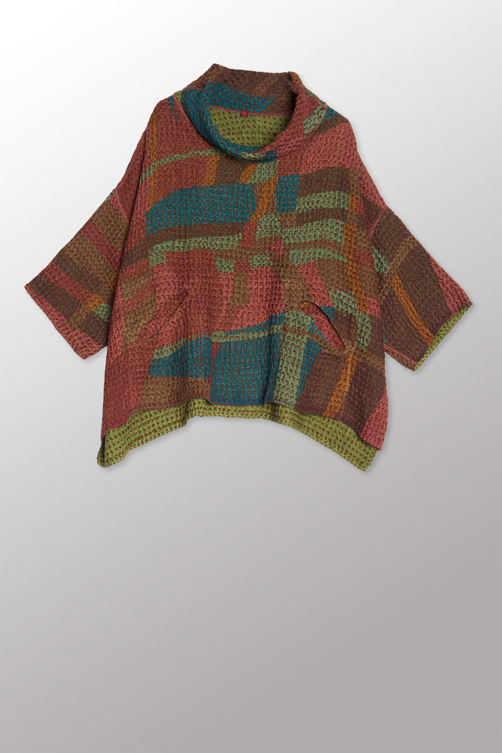 ABSTRACT WAFFLE KANTHA COWL NECK PONCHO - bw3061-red -