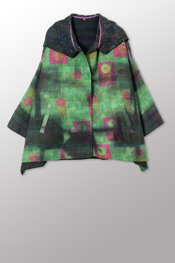 VINTAGE COTTON GREY CLAMP TIE DYE KANTHA HOODIE PONCHO - su4064-0003a -