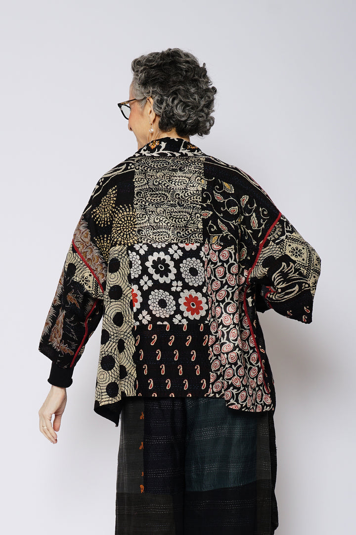 PATCH & CIRCLE PRINT KANTHA CROPPED TENT SHIRT - pc2596-blk -