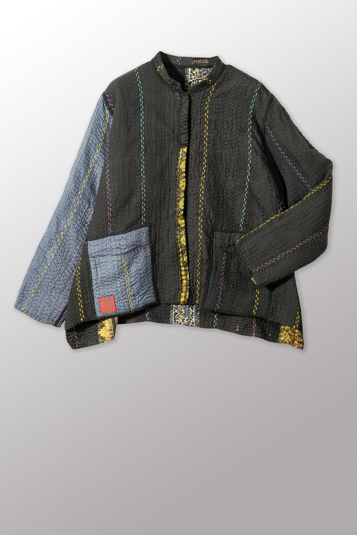 JEWEL WOVEN WITH VERTICAL PATCH KANTHA KAFTAN JACKET SHORT - jv4088-blk -