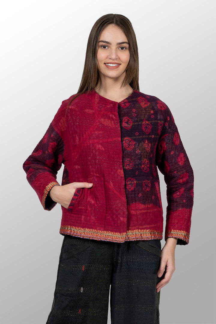 QUILTED OVER DYE COTTON KANTHA CREW NECK SHORT JKT - oq5053-cred002a -