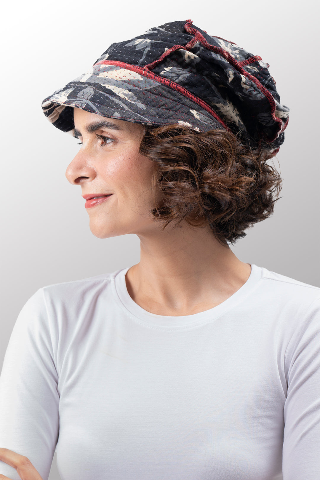 BLACK AND WHITE PRINT PATCH KANTHA HALF BRIM HAT - pn4881-blk -