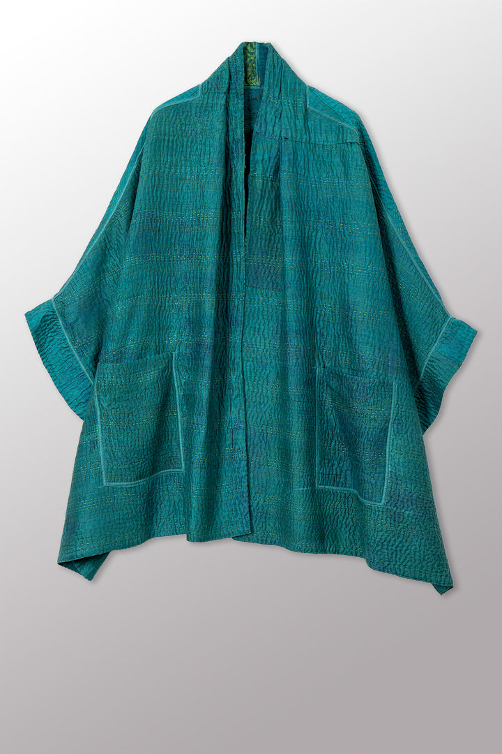 GEORGETTE JACQUARD VINTAGE SILK PATCH KANTHA DOUBLE COLLAR PONCHO - gj4323-grn -