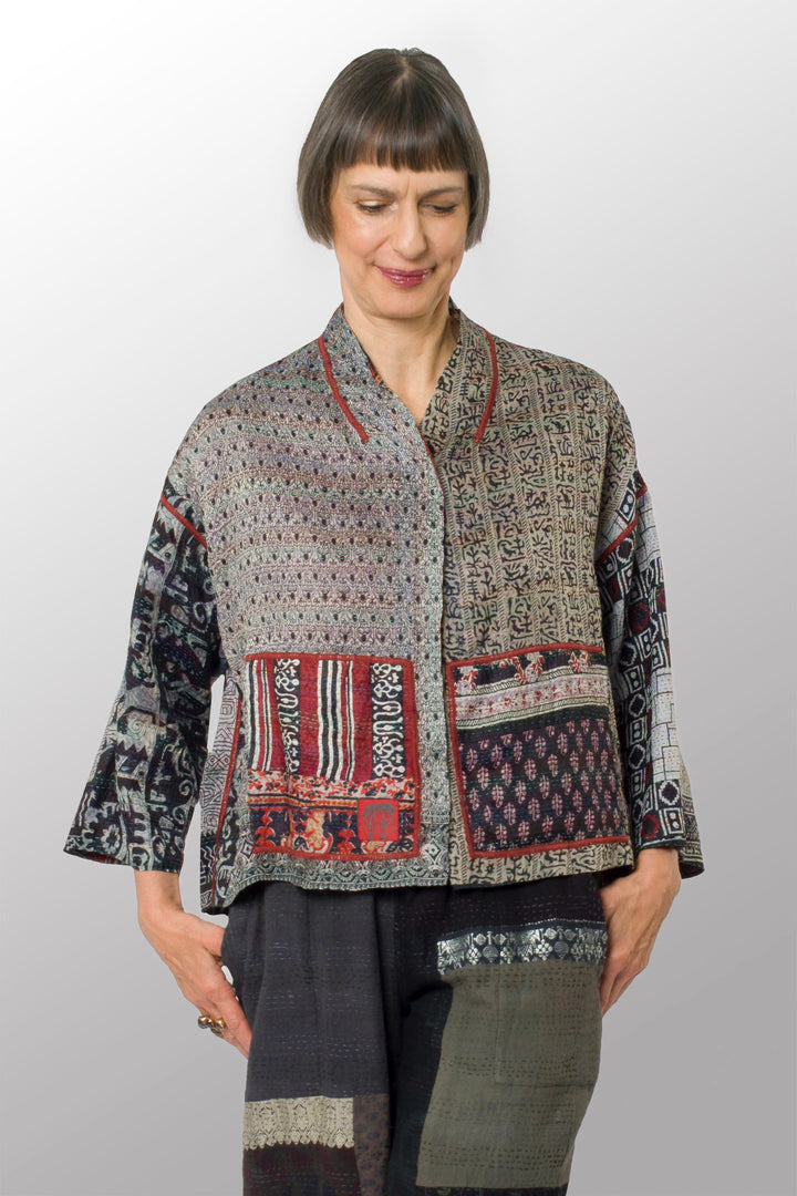 VINTAGE SILK KANTHA STAND COLLAR CROPPED JKT - sv2034-0013a -